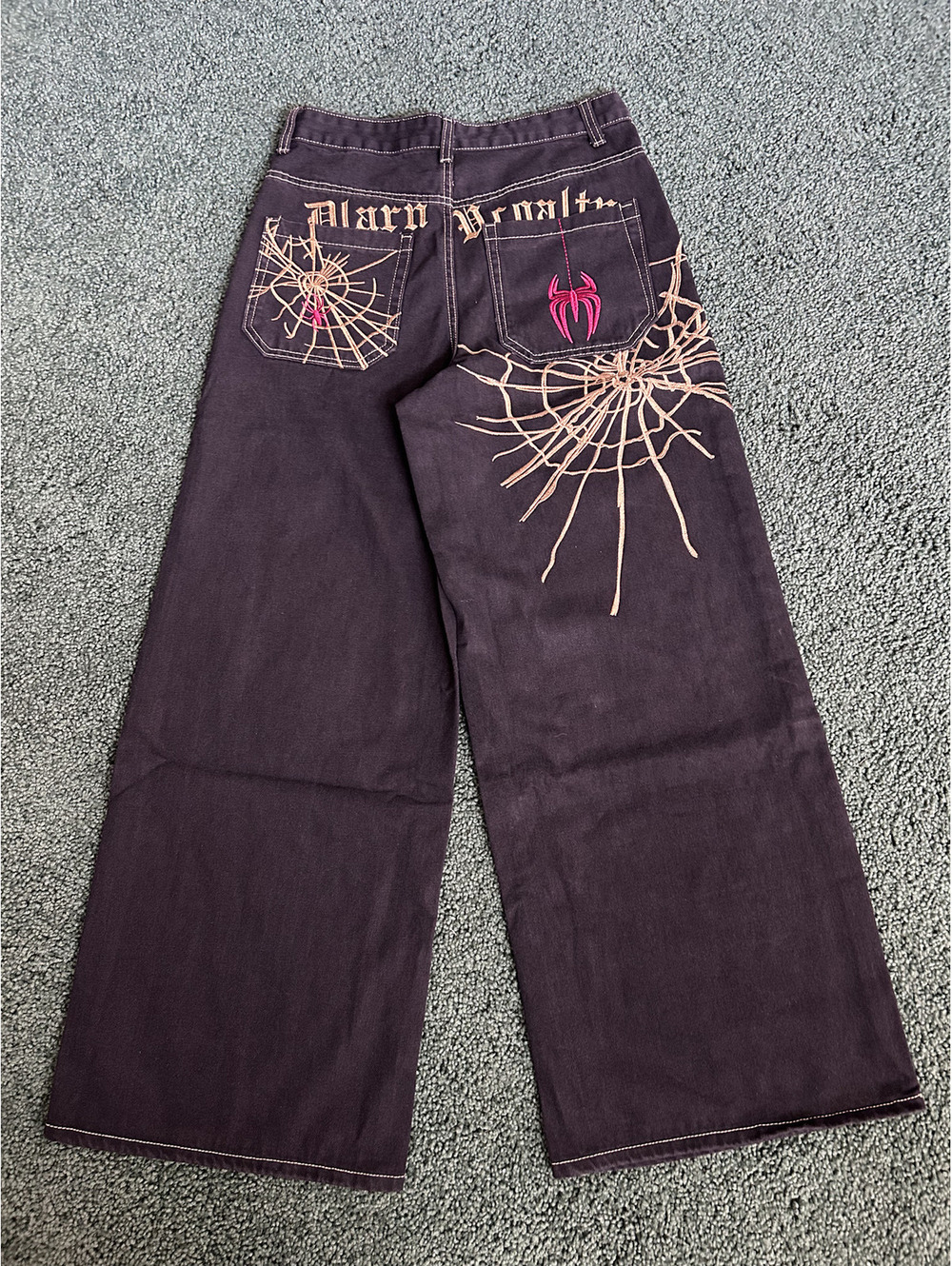 Black Wide Leg Jeans with Spider Web Embroidery